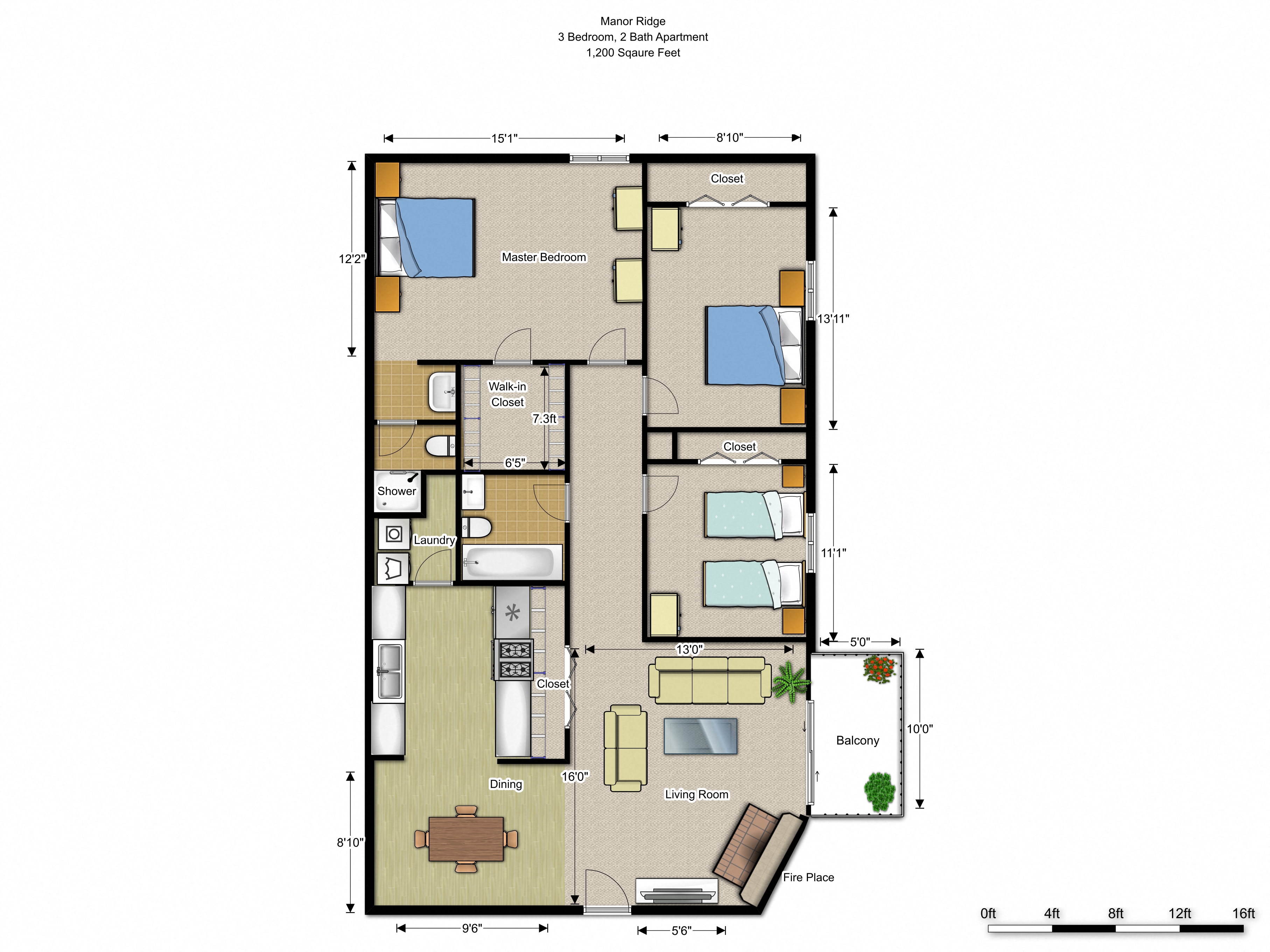 Floor plan for 3 beds, 2 baths, 1200 sqft